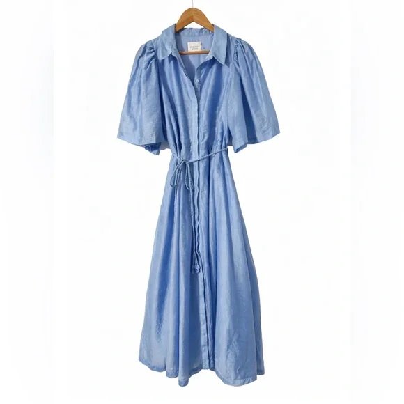 Pale Blue Midi Shirt Dress with Tie Waist - Picture 6 of 9